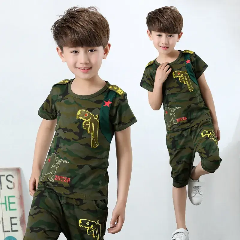 Children Camouflage T-Shirt Shorts Set Military Training Summer Wear