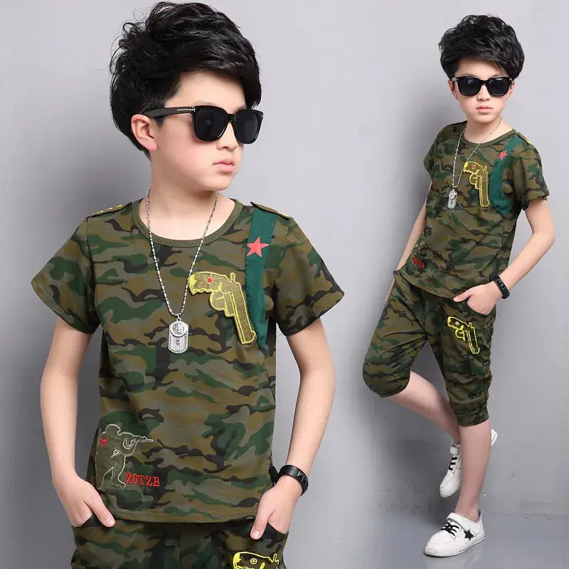 Children Camouflage T-Shirt Shorts Set Military Training Summer Wear