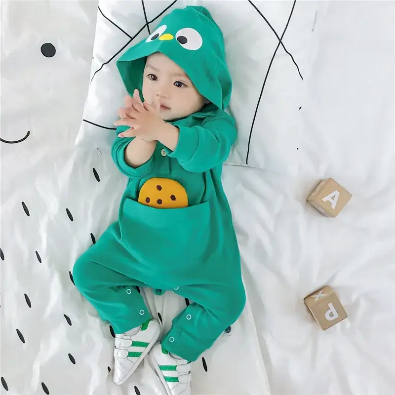 Baby Hooded Onesies Green Pink Long Sleeve Romper - Image 2