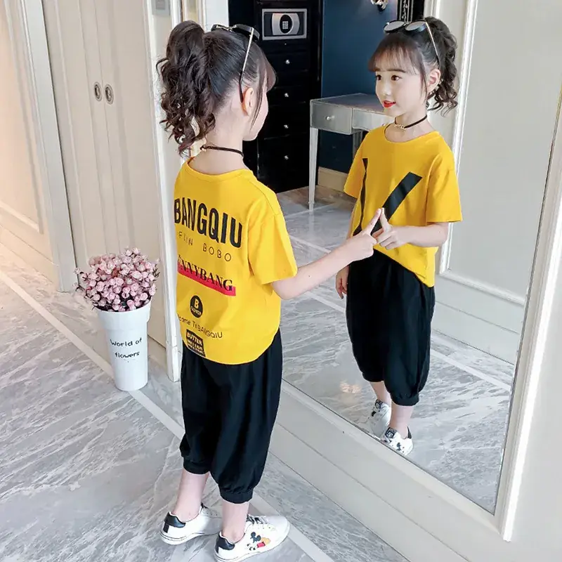 2021 Korean Style Girls Yellow V-Print Casual Suit - Image 4