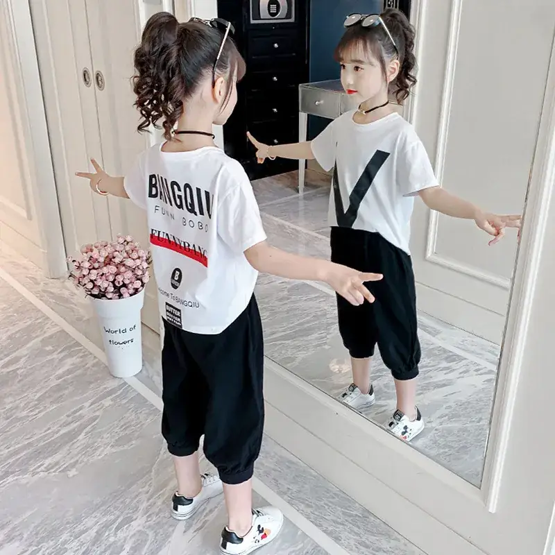 2021 Korean Style Girls Yellow V-Print Casual Suit - Image 6