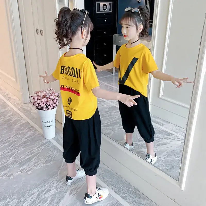 2021 Korean Style Girls Yellow V-Print Casual Suit - Image 7
