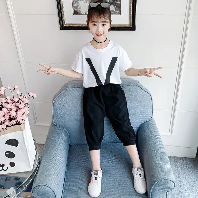 2021 Korean Style Girls Yellow V-Print Casual Suit - Image 2