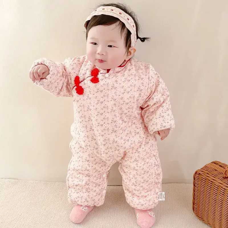 Newborn Baby Cotton Padded Jumpsuit Pink Floral - Image 8