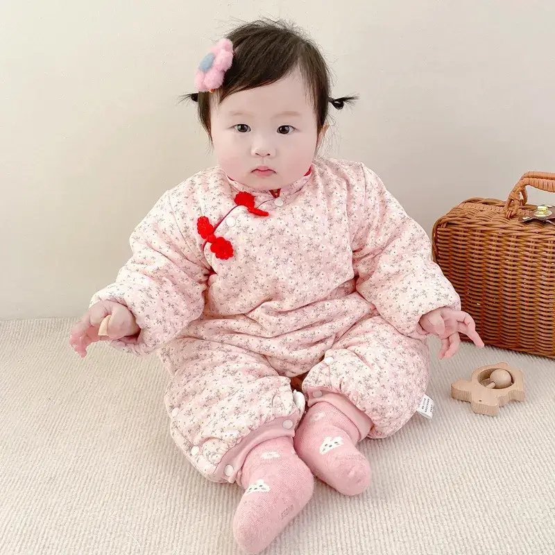 Newborn Baby Cotton Padded Jumpsuit Pink Floral - Image 10
