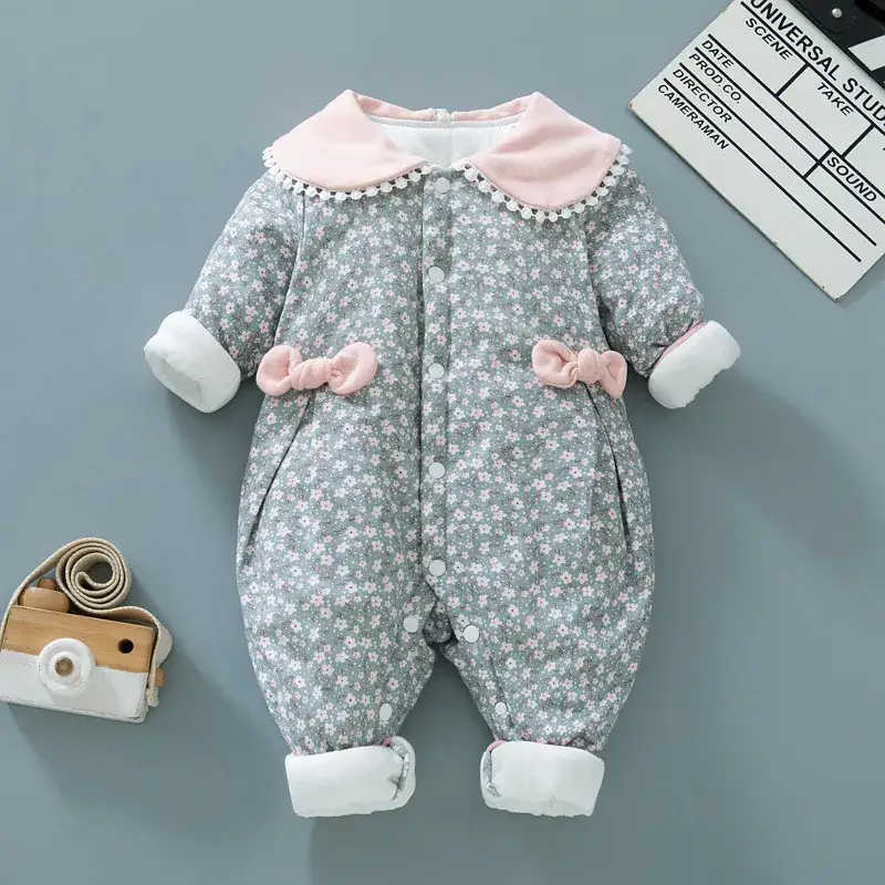 Newborn Baby Cotton Padded Jumpsuit Pink Floral - Image 2