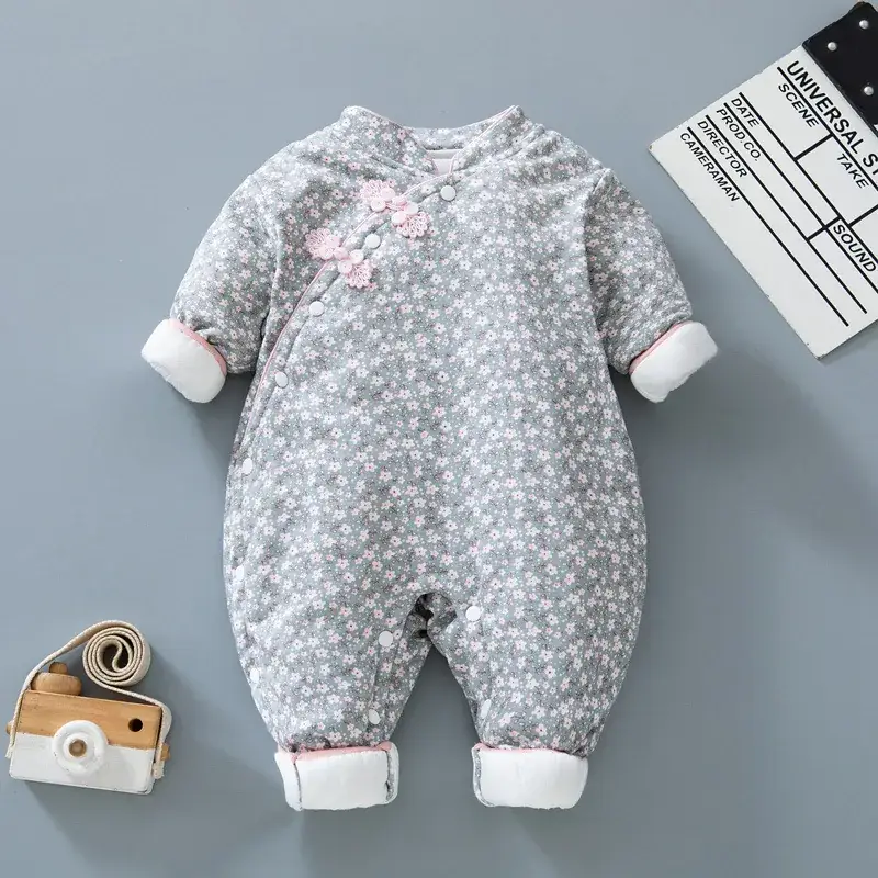 Newborn Baby Cotton Padded Jumpsuit Pink Floral - Image 4