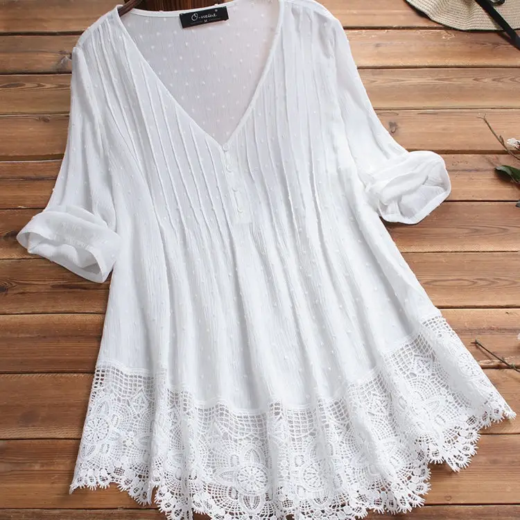 2024 Jacquard Pleated Lace Hollow V-Neck Shirt for Women - Image 5