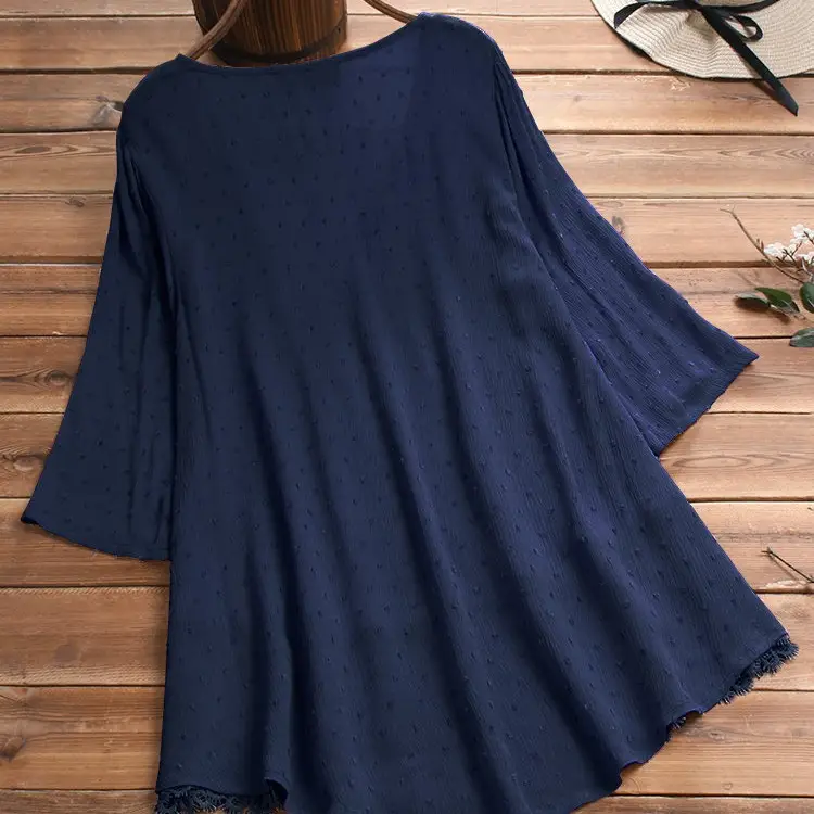 2024 Jacquard Pleated Lace Hollow V-Neck Shirt for Women - Image 6