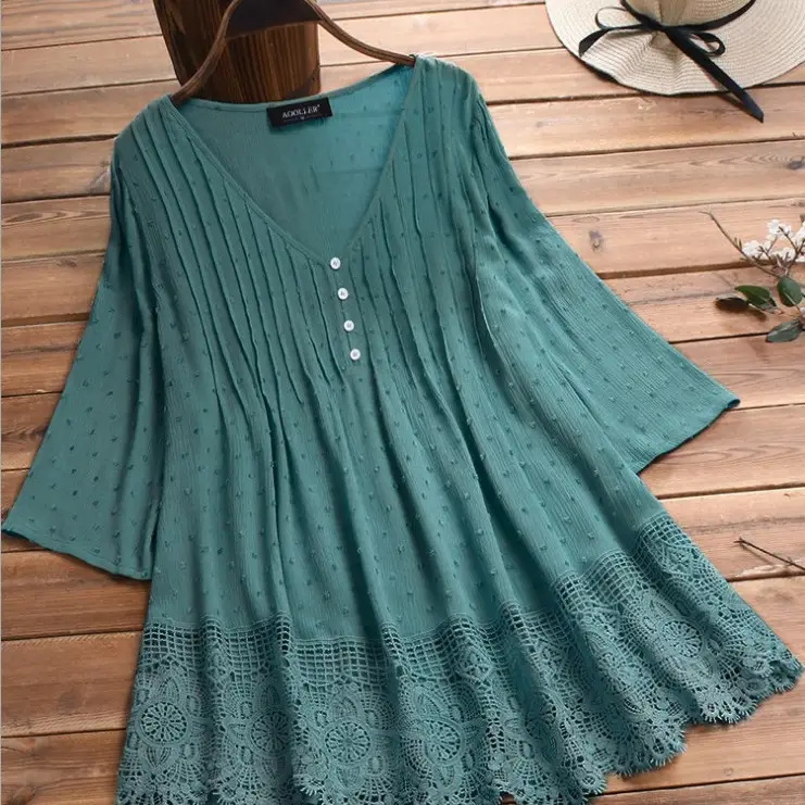 2024 Jacquard Pleated Lace Hollow V-Neck Shirt for Women - Image 7