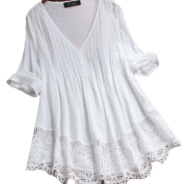2024 Jacquard Pleated Lace Hollow V-Neck Shirt for Women - Image 8
