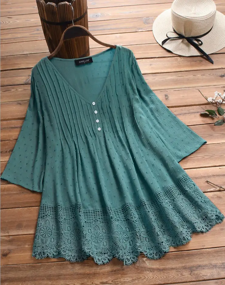 2024 Jacquard Pleated Lace Hollow V-Neck Shirt for Women - Image 2