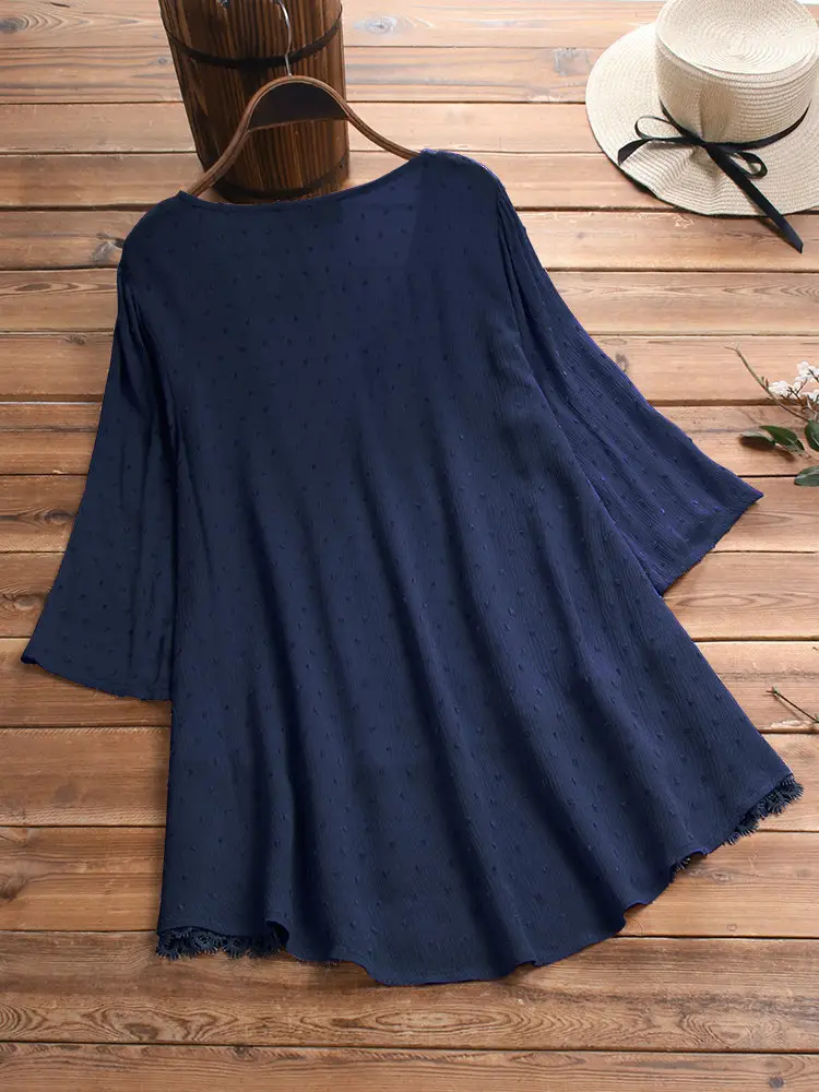2024 Jacquard Pleated Lace Hollow V-Neck Shirt for Women - Image 3