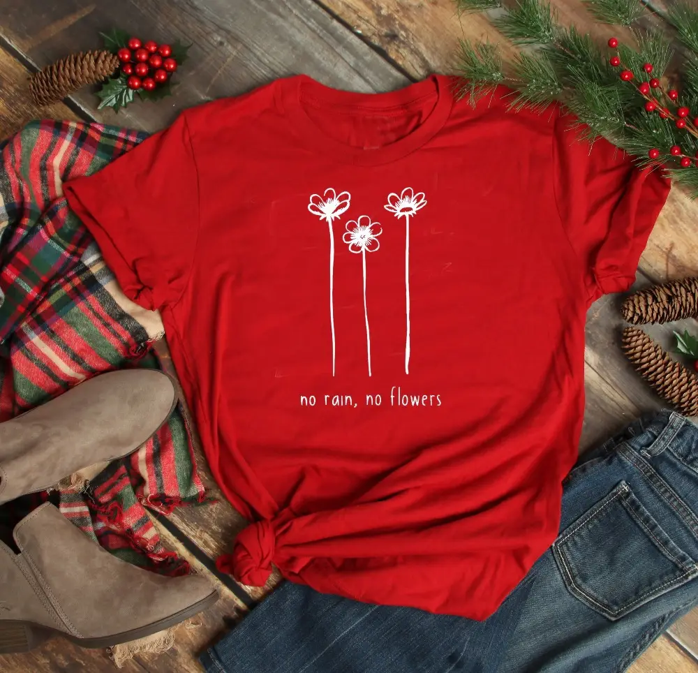 Men Women Red T-Shirt No Rain No Flowers Cotton - Image 2