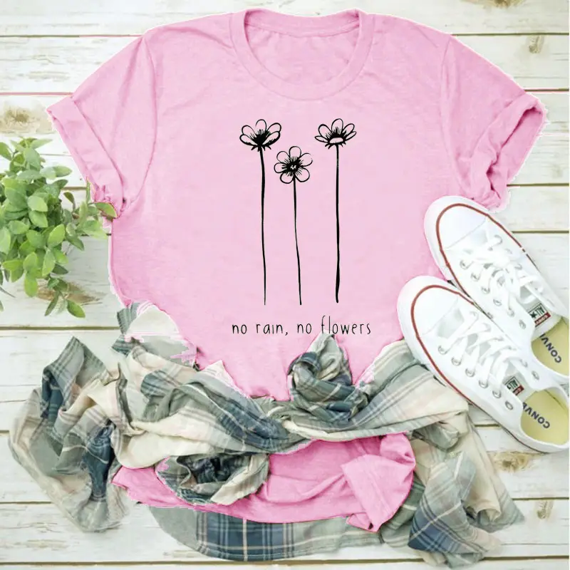 Men Women Red T-Shirt No Rain No Flowers Cotton - Image 4