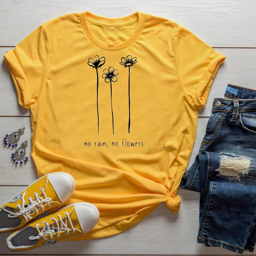 Men Women Red T-Shirt No Rain No Flowers Cotton - Image 5