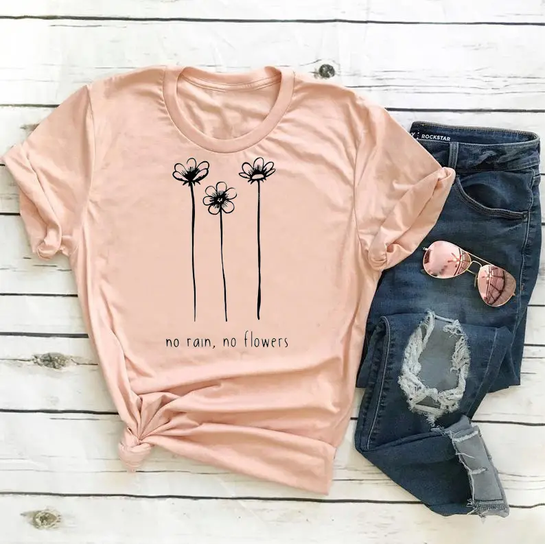 Men Women Red T-Shirt No Rain No Flowers Cotton - Image 6