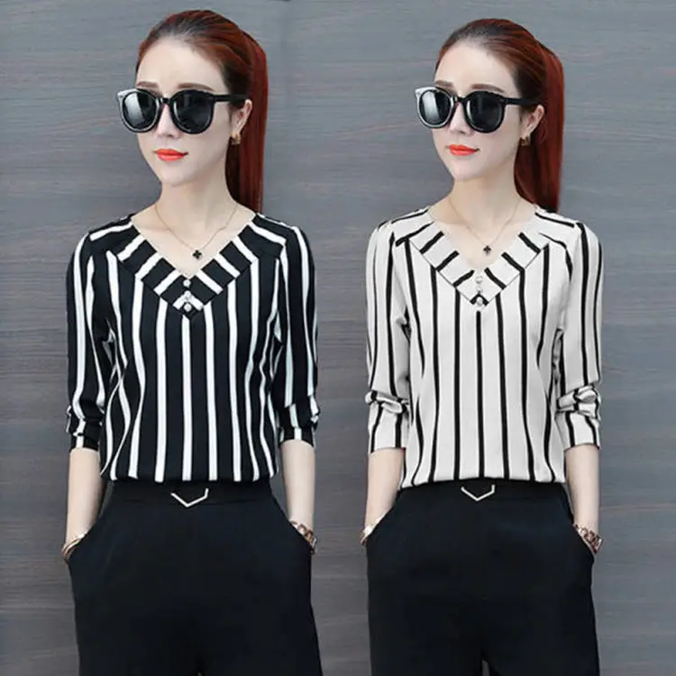 Women Striped Top Loose Fit Cross Border Summer Shirt - Image 6