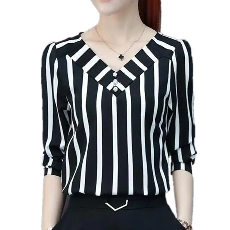 Women Striped Top Loose Fit Cross Border Summer Shirt - Image 8