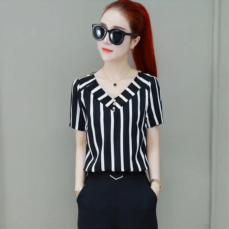 Women Striped Top Loose Fit Cross Border Summer Shirt - Image 3