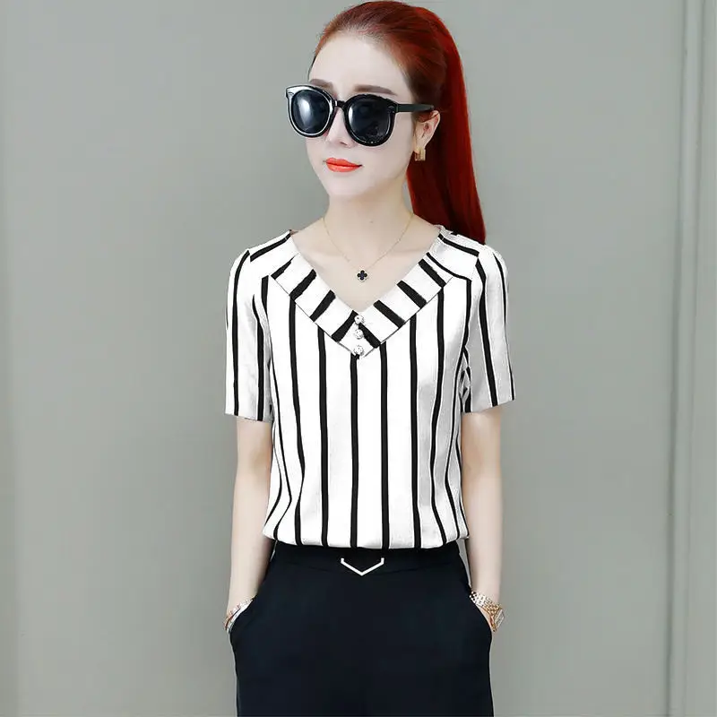 Women Striped Top Loose Fit Cross Border Summer Shirt - Image 4
