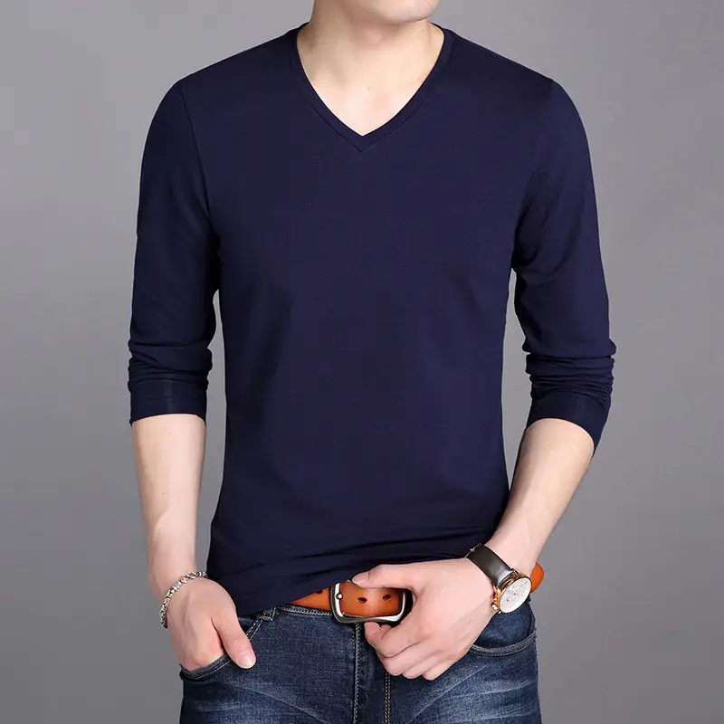 Men's Navy V-Neck Long Sleeve T-Shirt