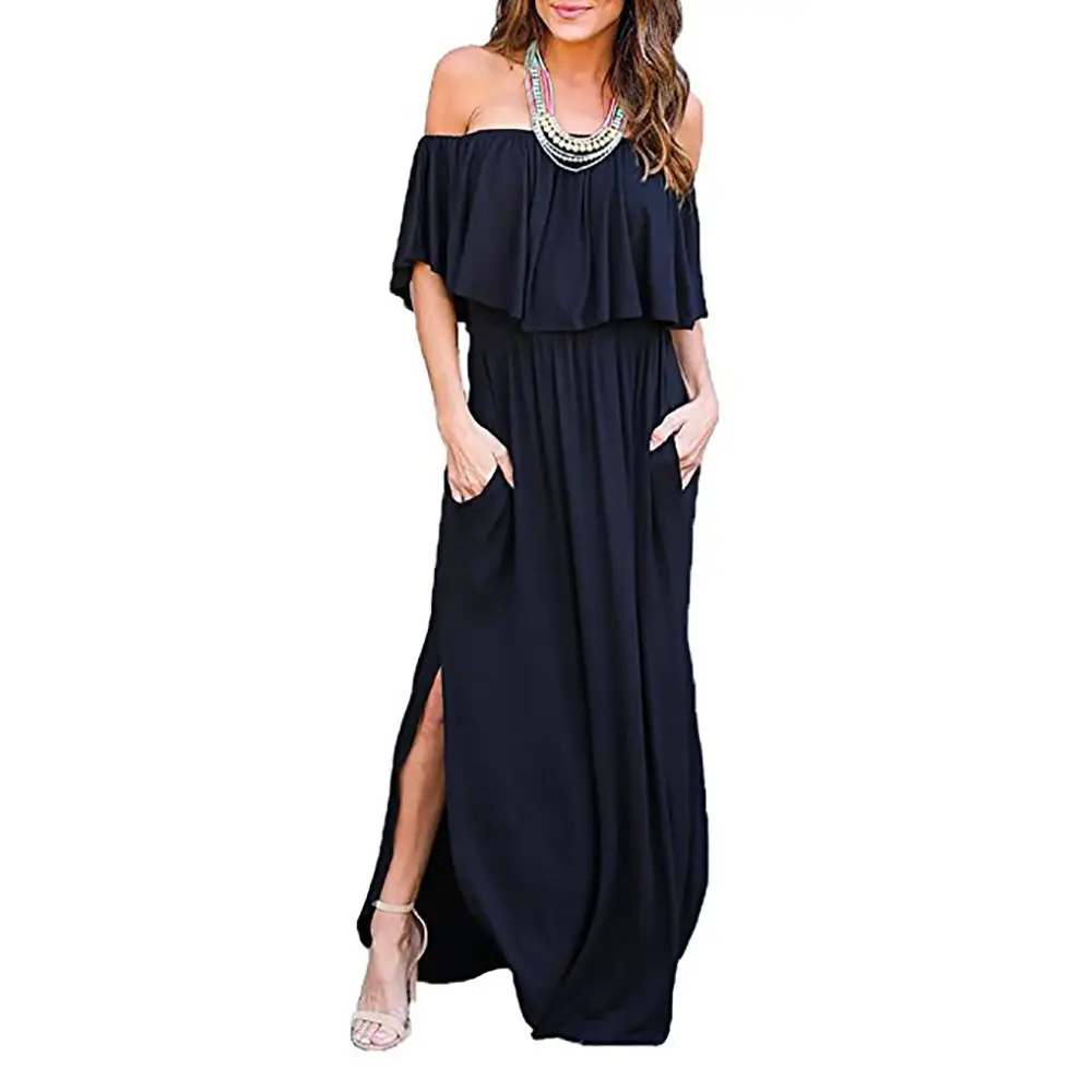 Ruffled Off-Shoulder Long Dress Pink with Pockets - Image 5