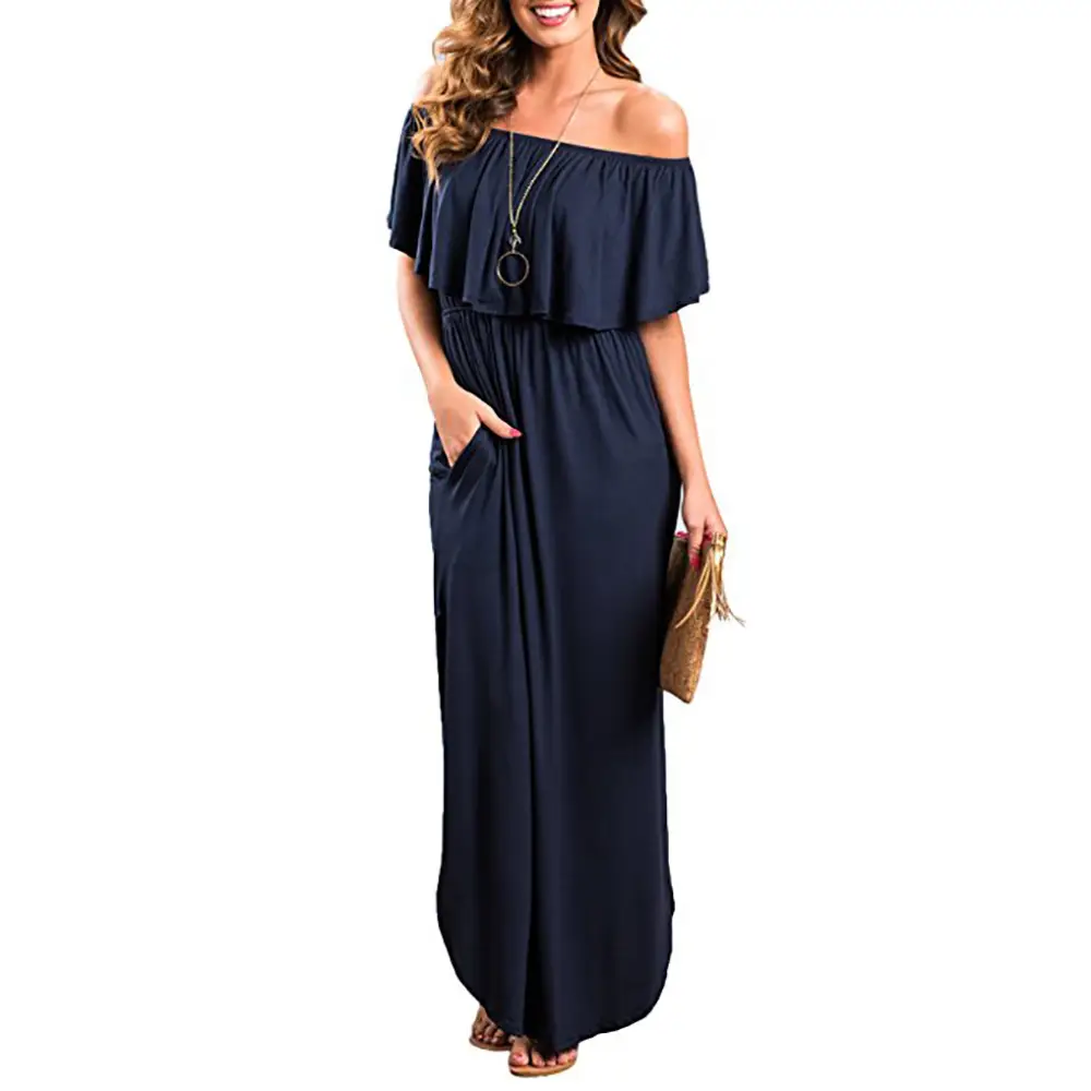 Ruffled Off-Shoulder Long Dress Pink with Pockets - Image 7