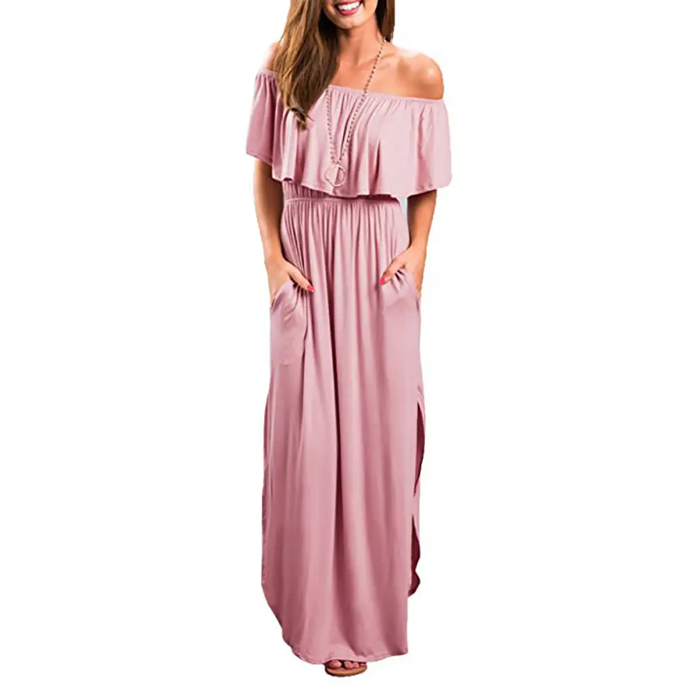 Ruffled Off-Shoulder Long Dress Pink with Pockets - Image 8