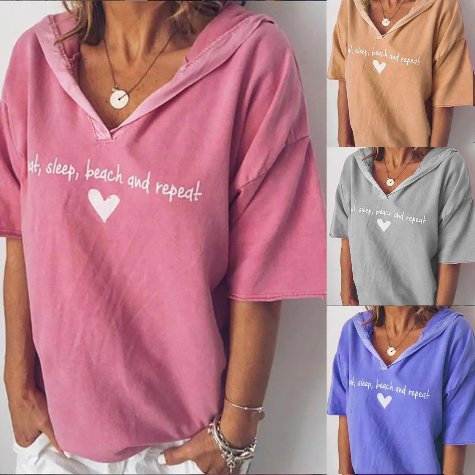 European American Women's Brown Letter Print Hooded T-Shirt Plus Size