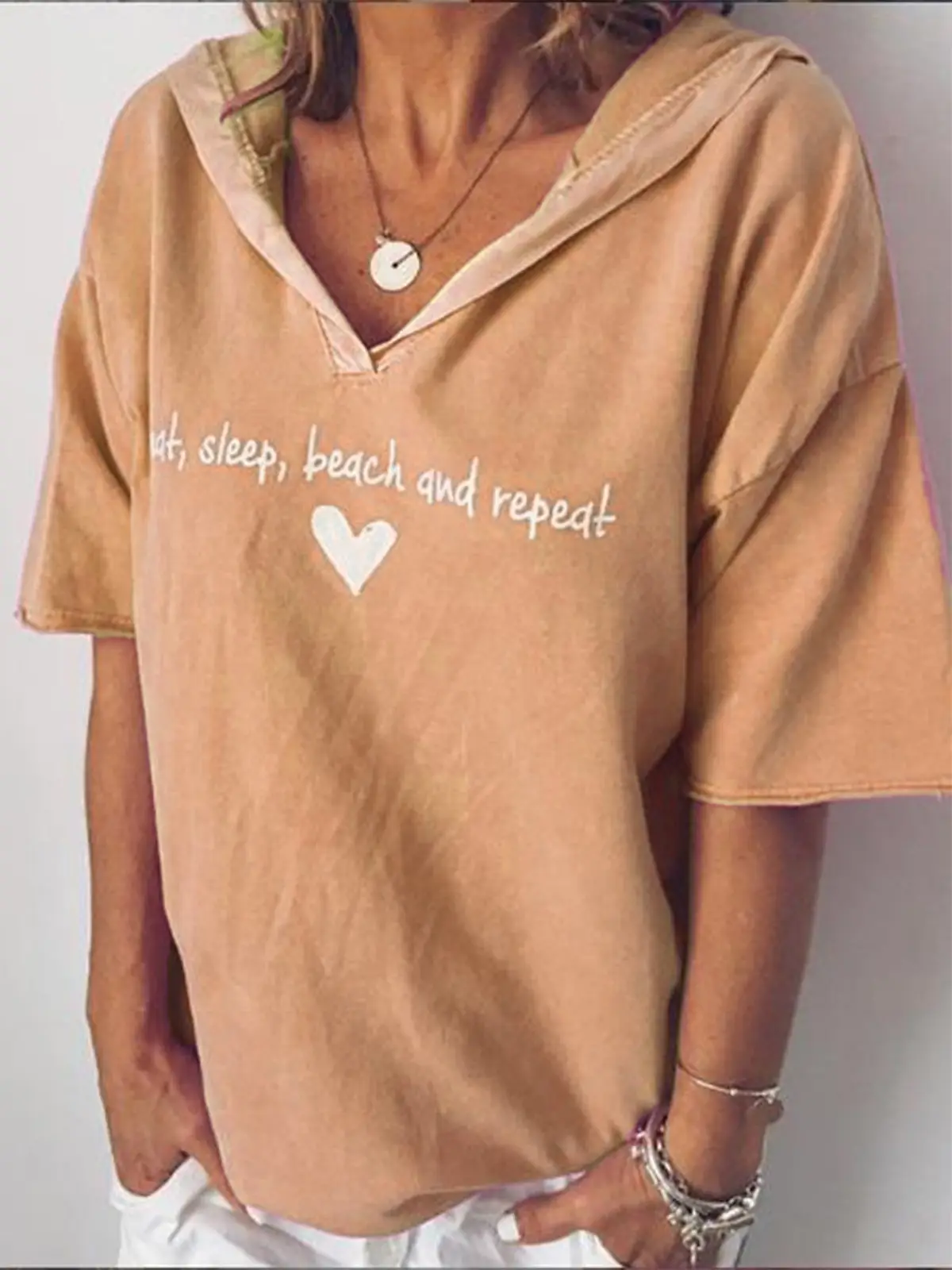 European American Women's Brown Letter Print Hooded T-Shirt Plus Size