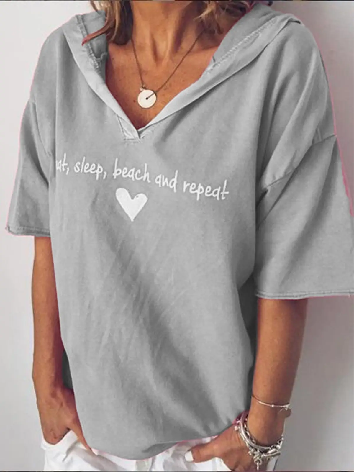 European American Women's Brown Letter Print Hooded T-Shirt Plus Size