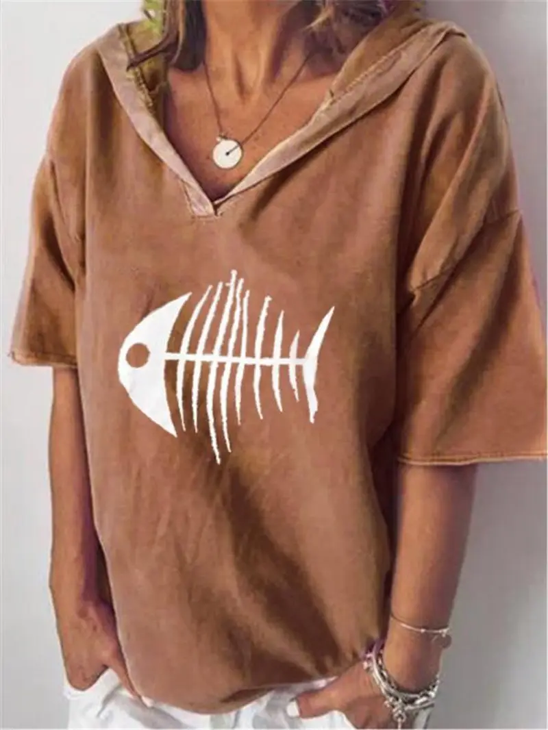 European American Women's Brown Letter Print Hooded T-Shirt Plus Size
