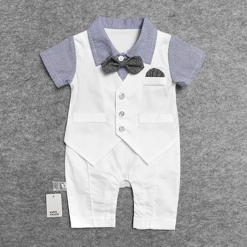 Baby Jumpsuit Boys White Blue Bow Tie Vest - Image 4