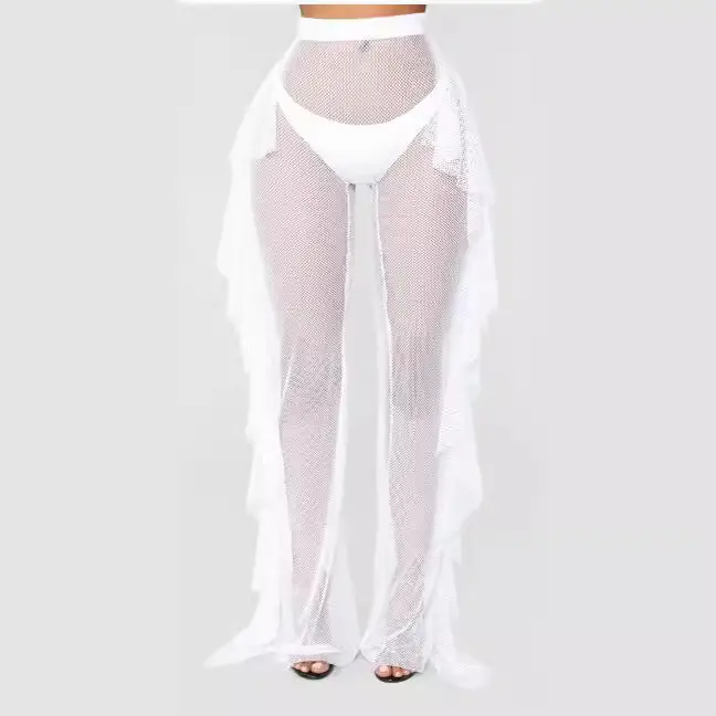 Blue Ruffled Mesh Beach Pants with Hollow Back Design - Image 6