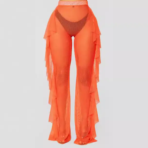 Blue Ruffled Mesh Beach Pants with Hollow Back Design - Image 7