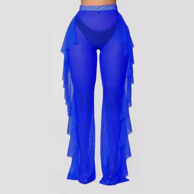 Blue Ruffled Mesh Beach Pants with Hollow Back Design - Image 8