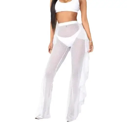 Blue Ruffled Mesh Beach Pants with Hollow Back Design - Image 9