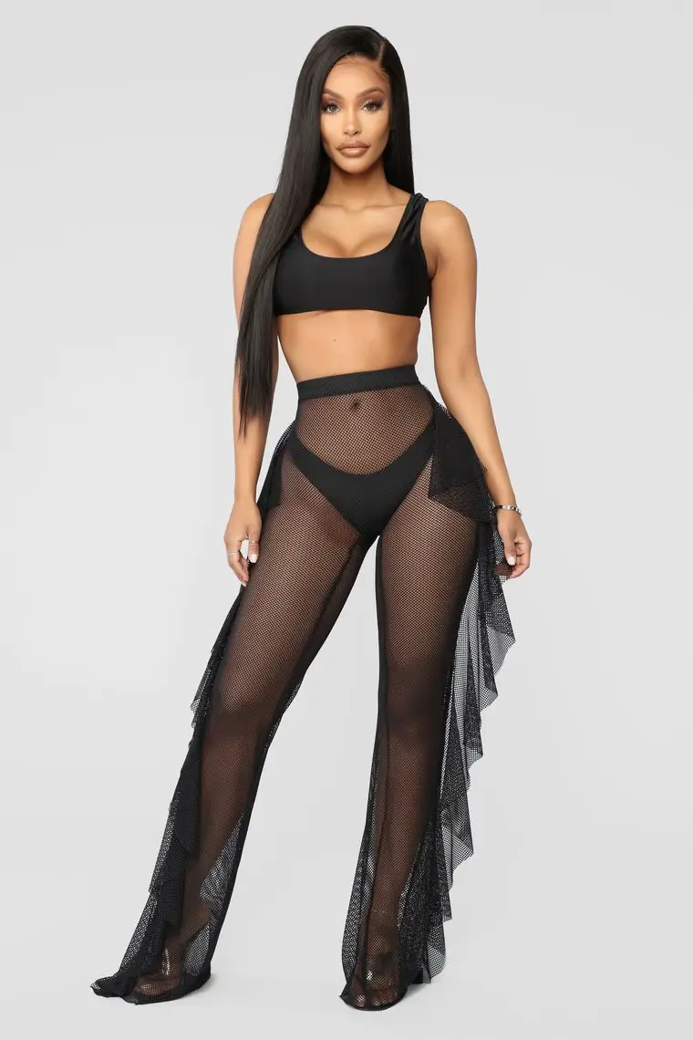 Blue Ruffled Mesh Beach Pants with Hollow Back Design — feature 1