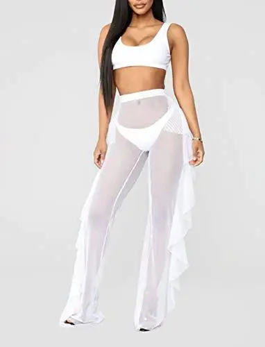 Blue Ruffled Mesh Beach Pants with Hollow Back Design — feature 12