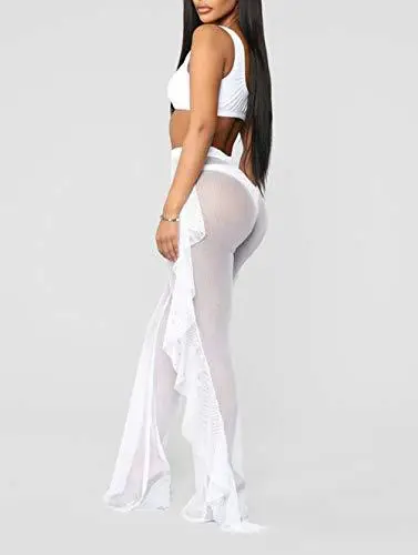 Blue Ruffled Mesh Beach Pants with Hollow Back Design — feature 14