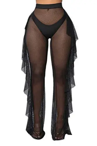 Blue Ruffled Mesh Beach Pants with Hollow Back Design — feature 4