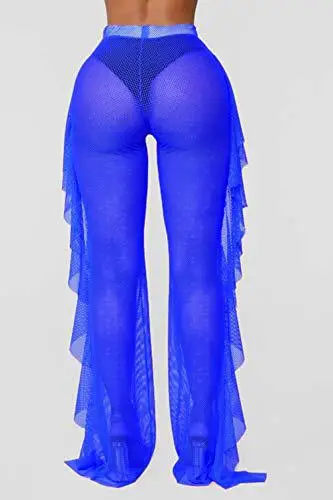 Blue Ruffled Mesh Beach Pants with Hollow Back Design — feature 5