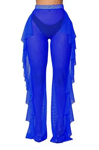 Blue Ruffled Mesh Beach Pants with Hollow Back Design — feature 6