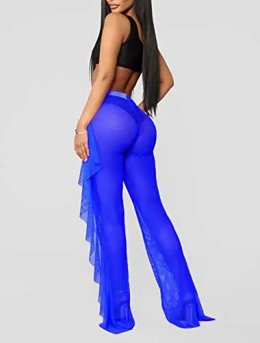 Blue Ruffled Mesh Beach Pants with Hollow Back Design — feature 7