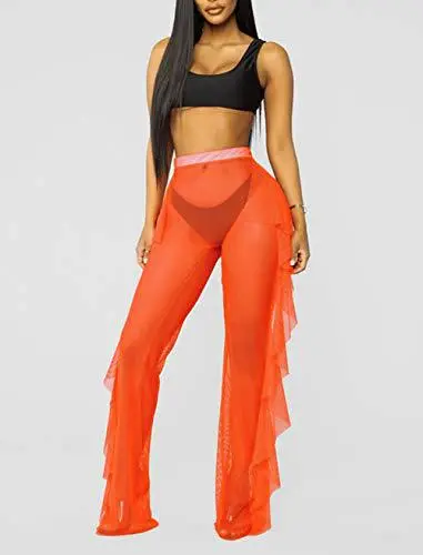 Blue Ruffled Mesh Beach Pants with Hollow Back Design — feature 9