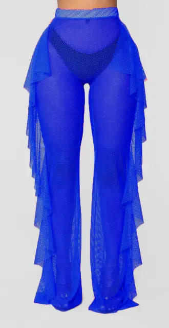 Blue Ruffled Mesh Beach Pants with Hollow Back Design - Image 3