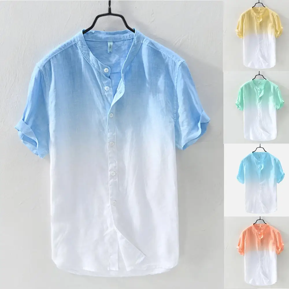 Men Digital Gradient Cotton Linen Shirt Blue White - Image 5