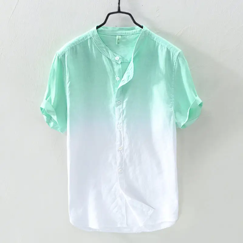 Men Digital Gradient Cotton Linen Shirt Blue White - Image 6