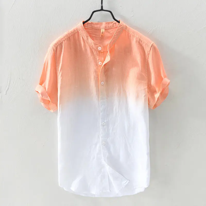 Men Digital Gradient Cotton Linen Shirt Blue White - Image 7